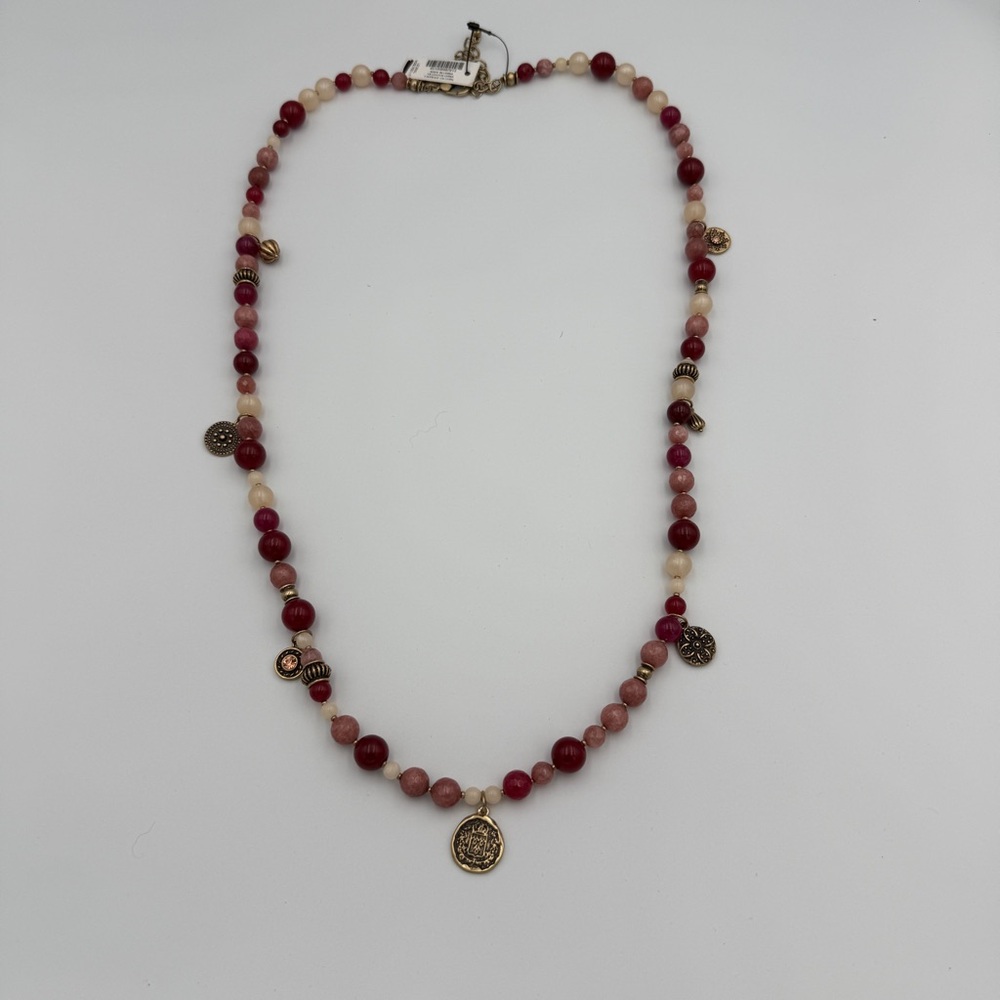 Chico’s Red Pink Beaded Coin Charm Necklace Boho Statement Jewelry NWT